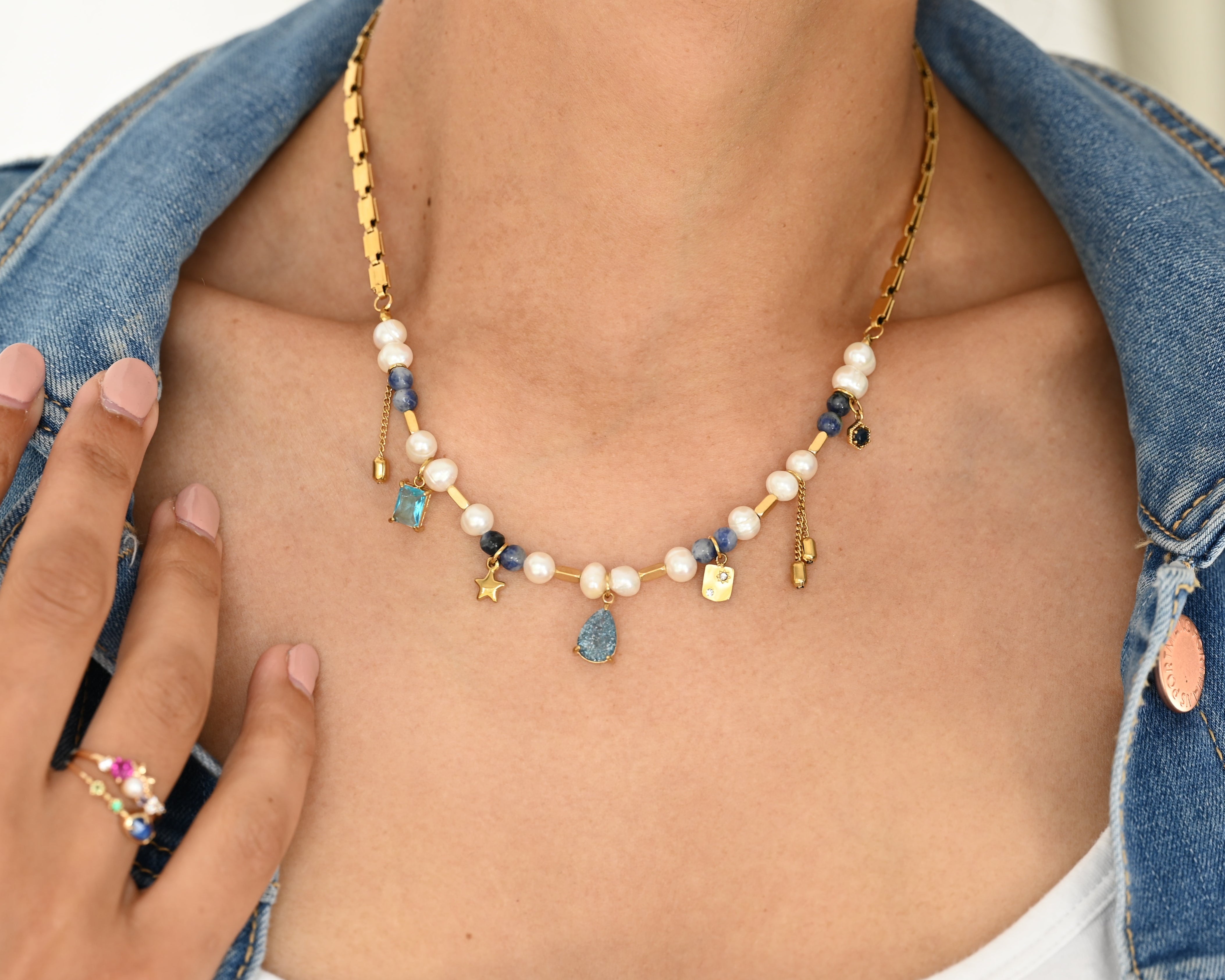 Blue Lotus Charm Necklace - Freshwater Pearl, Natural Stone & Crystal